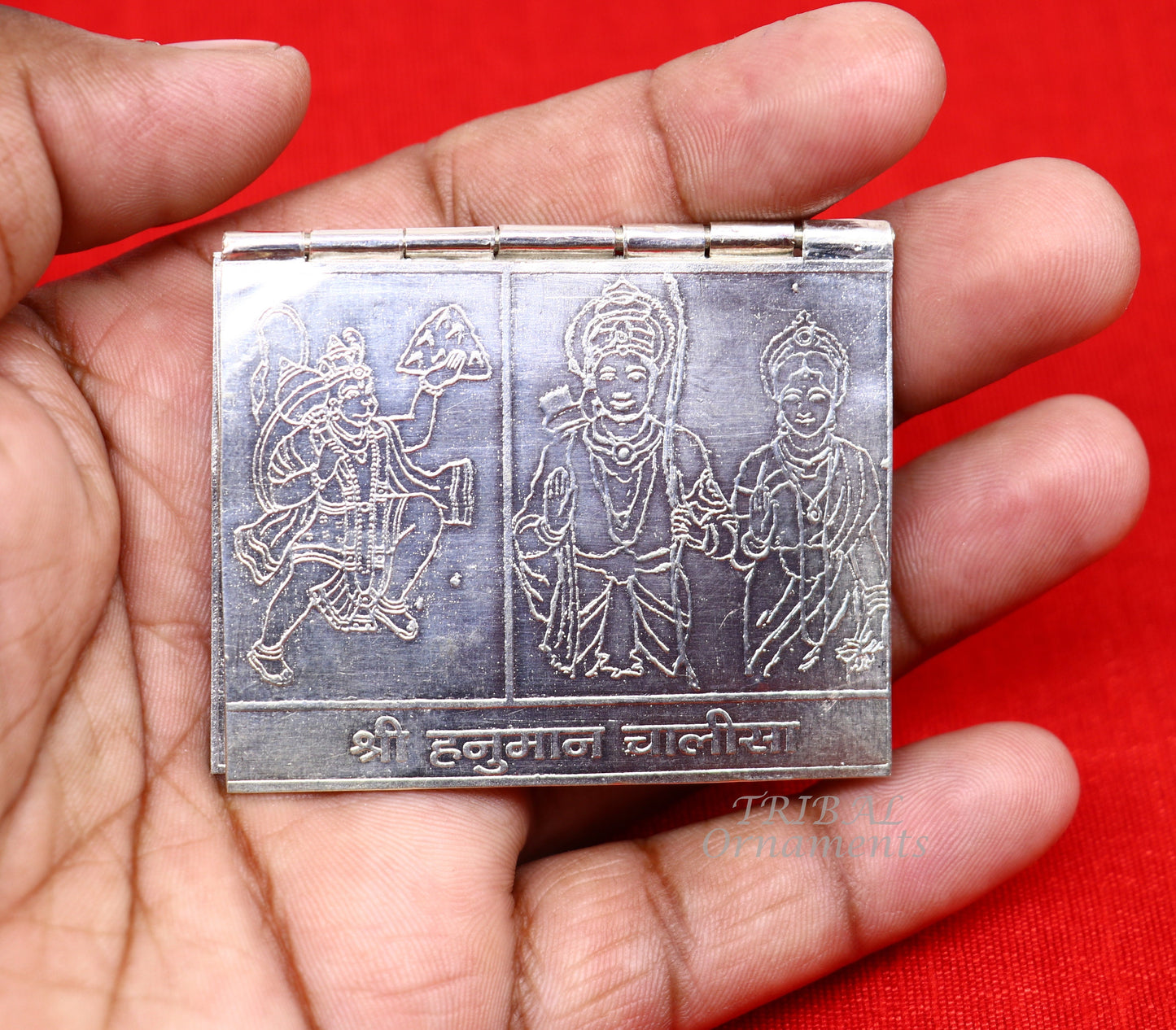 925 sterling silver handmade complete Shree Hanuman Chalisa with Arti small mini 4 page book, amazing puja article from India su832 - TRIBAL ORNAMENTS