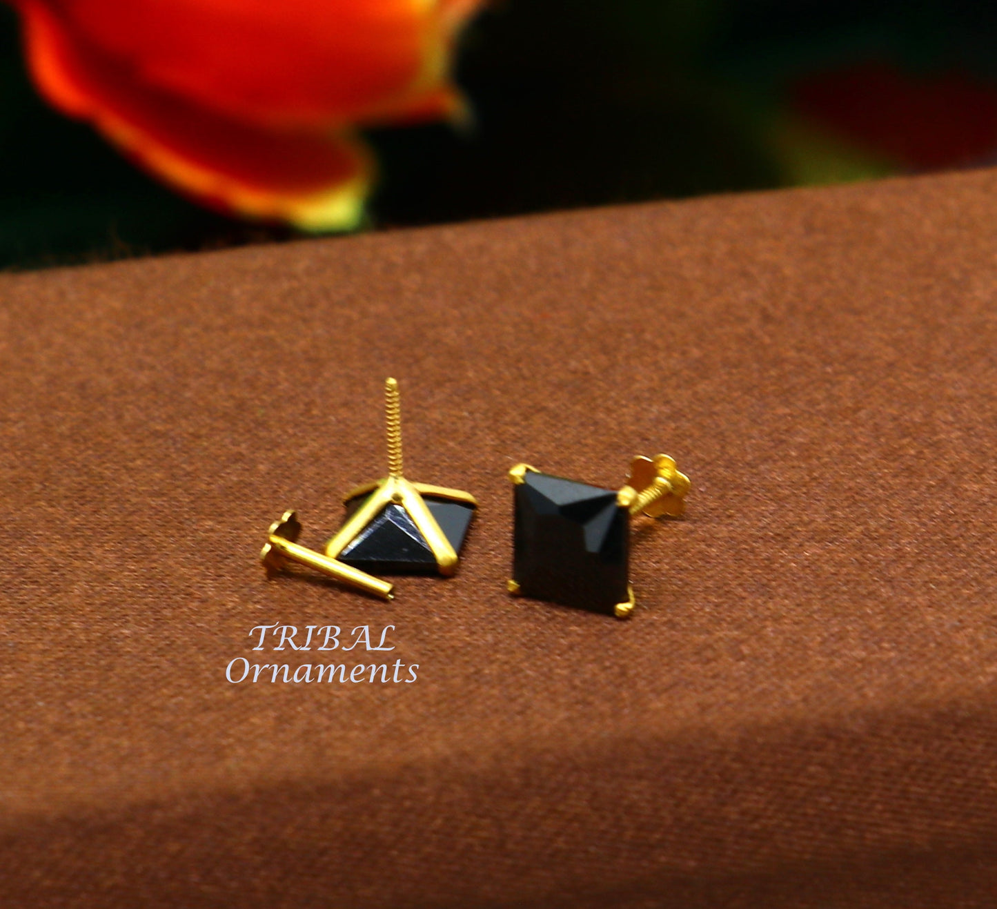 6mm 18kt yellow gold handmade single black stone back screw stud earring cartilage customized unisex jewelry er139 - TRIBAL ORNAMENTS