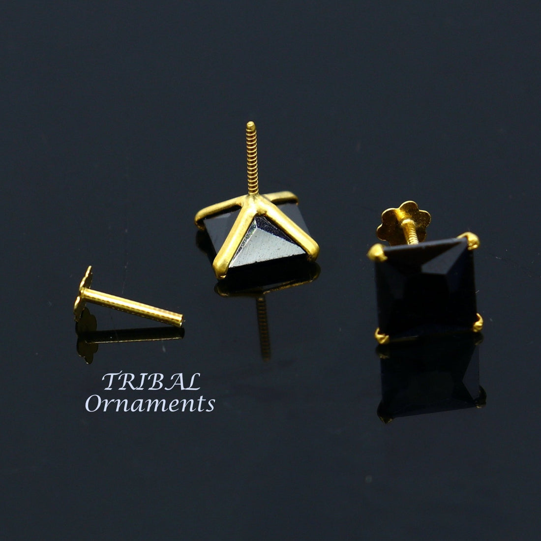 6mm 18kt yellow gold handmade single black stone back screw stud earring cartilage customized unisex jewelry er139 - TRIBAL ORNAMENTS