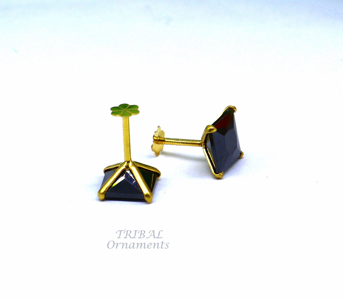 6mm 18kt yellow gold handmade single black stone back screw stud earring cartilage customized unisex jewelry er139 - TRIBAL ORNAMENTS