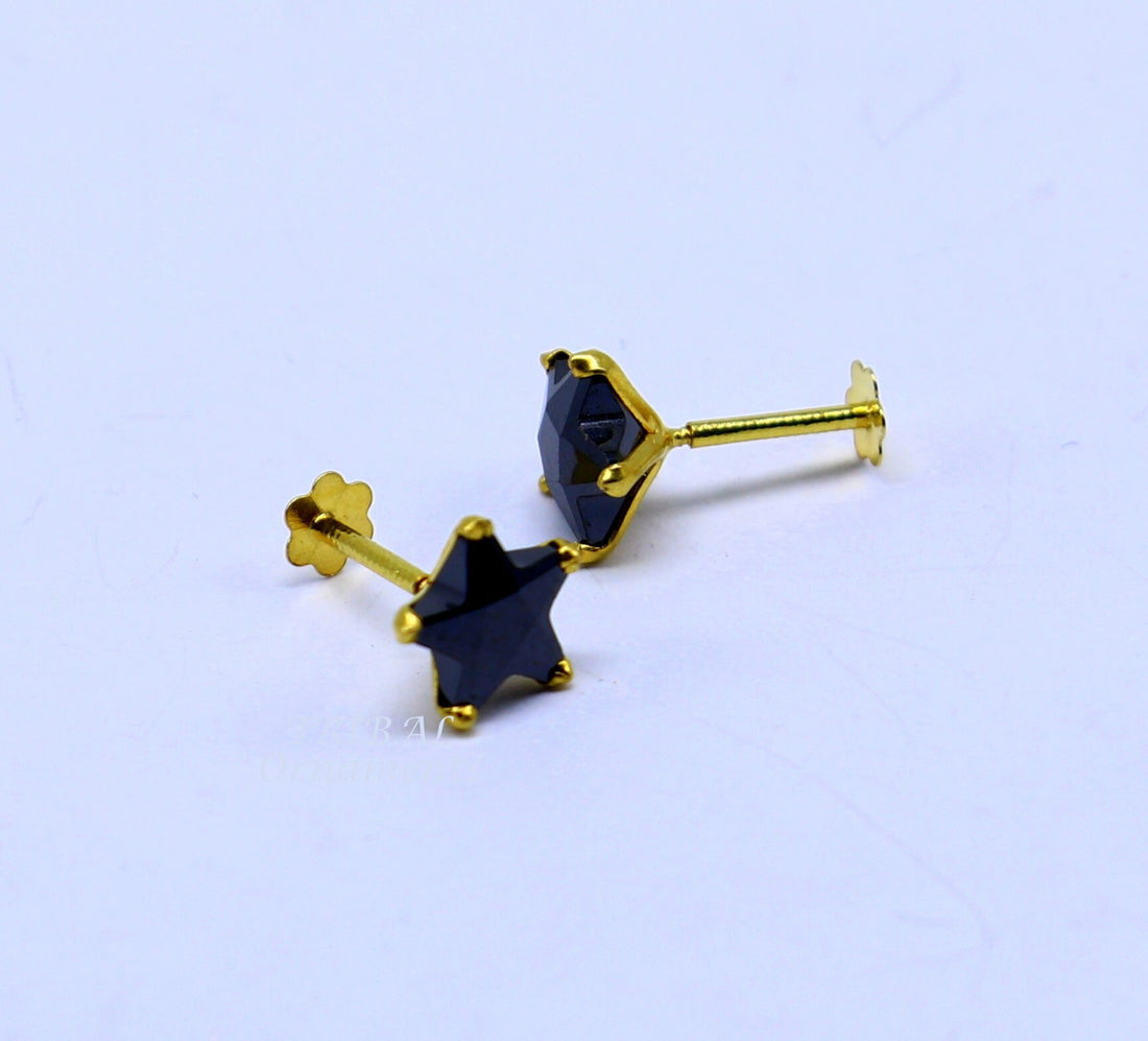 6mm 18kt yellow gold handmade single black stone back screw stud earring cartilage customized unisex jewelry er141 - TRIBAL ORNAMENTS