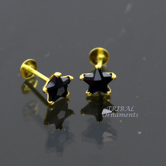 5mm 18kt yellow gold handmade single black stone back screw Star shape stud earring cartilage customized unisex jewelry er142 - TRIBAL ORNAMENTS
