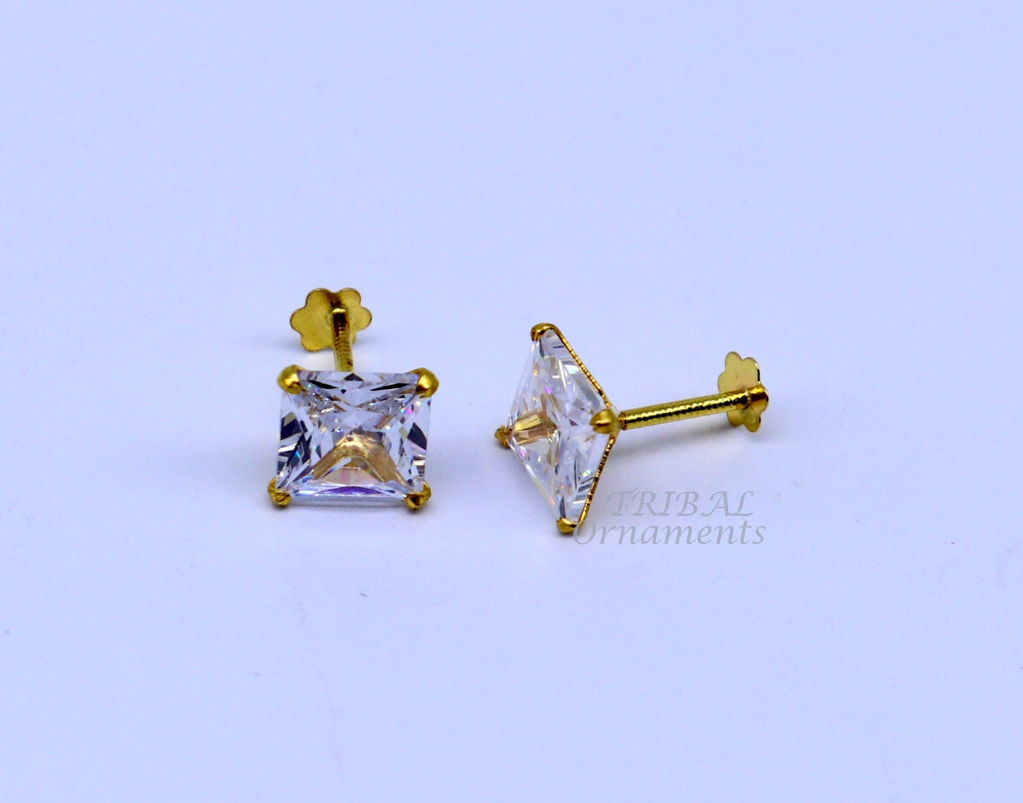 6mm OR 5 mm 18kt yellow gold handmade single cubic zircon stone square shape stud earring cartilage customized unisex jewelry er143 - TRIBAL ORNAMENTS