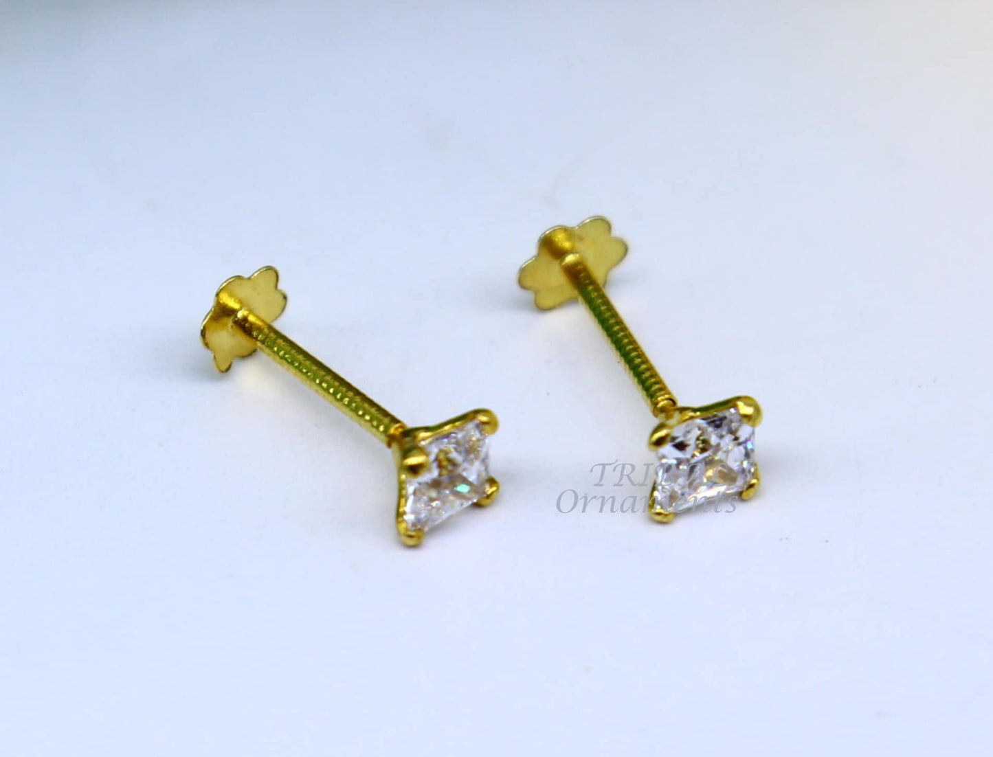 3mm 18kt yellow gold handmade single white stone back screw square shape stud earring cartilage customized unisex jewelry er144 - TRIBAL ORNAMENTS