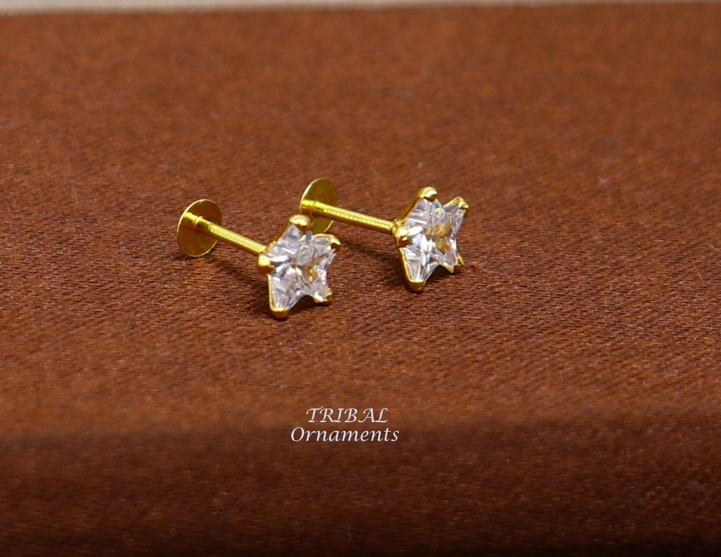 5mm 18kt yellow gold handmade single cubic zircon stone back screw star shape stud earring cartilage customized unisex jewelry er146 - TRIBAL ORNAMENTS