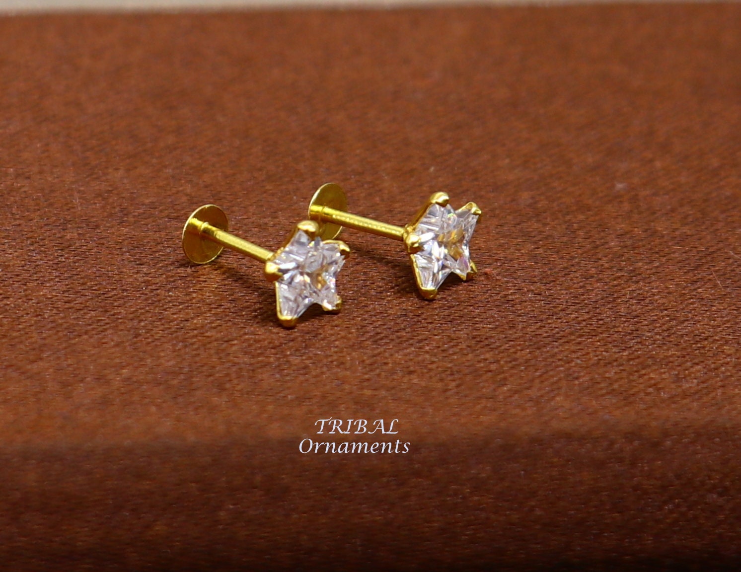 5mm 18kt yellow gold handmade single cubic zircon stone back screw star shape stud earring cartilage customized unisex jewelry er146 - TRIBAL ORNAMENTS