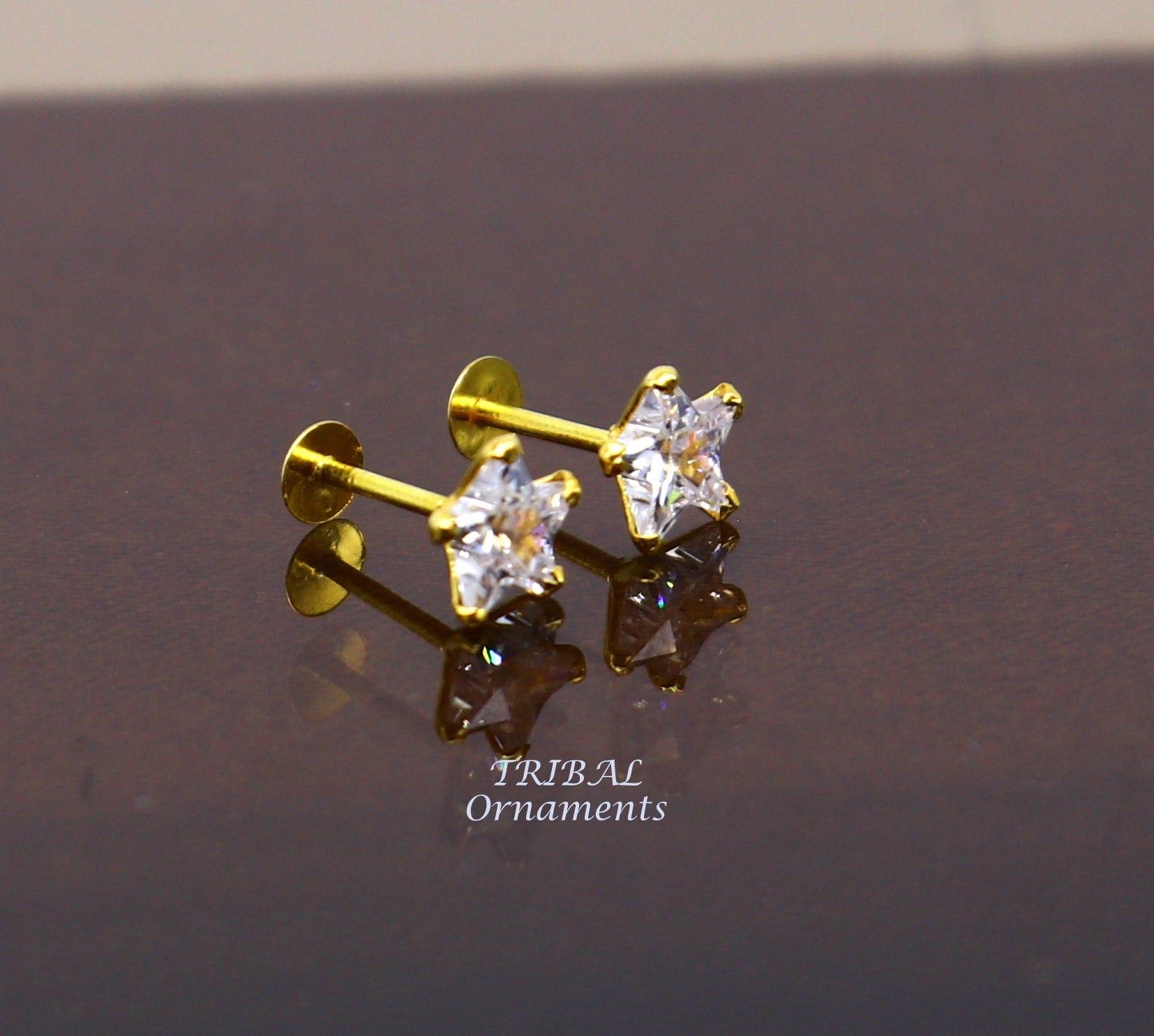 5mm 18kt yellow gold handmade single cubic zircon stone back screw star shape stud earring cartilage customized unisex jewelry er146 - TRIBAL ORNAMENTS