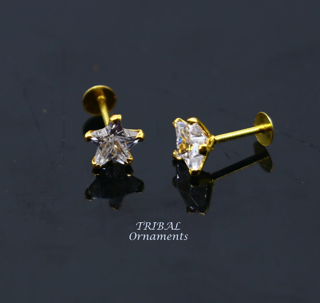 5mm 18kt yellow gold handmade single cubic zircon stone back screw star shape stud earring cartilage customized unisex jewelry er146 - TRIBAL ORNAMENTS