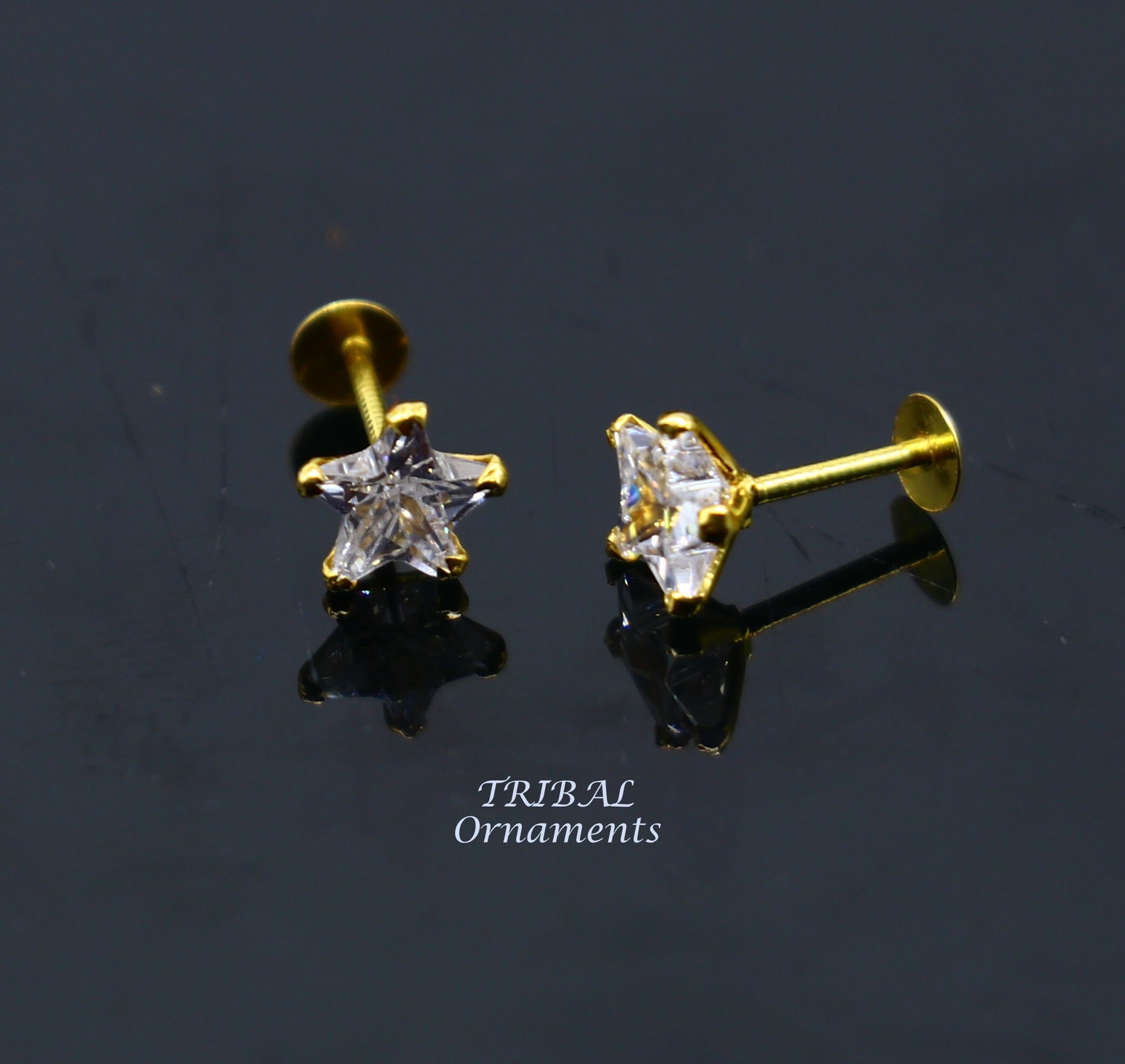 5mm 18kt yellow gold handmade single cubic zircon stone back screw star shape stud earring cartilage customized unisex jewelry er146 - TRIBAL ORNAMENTS