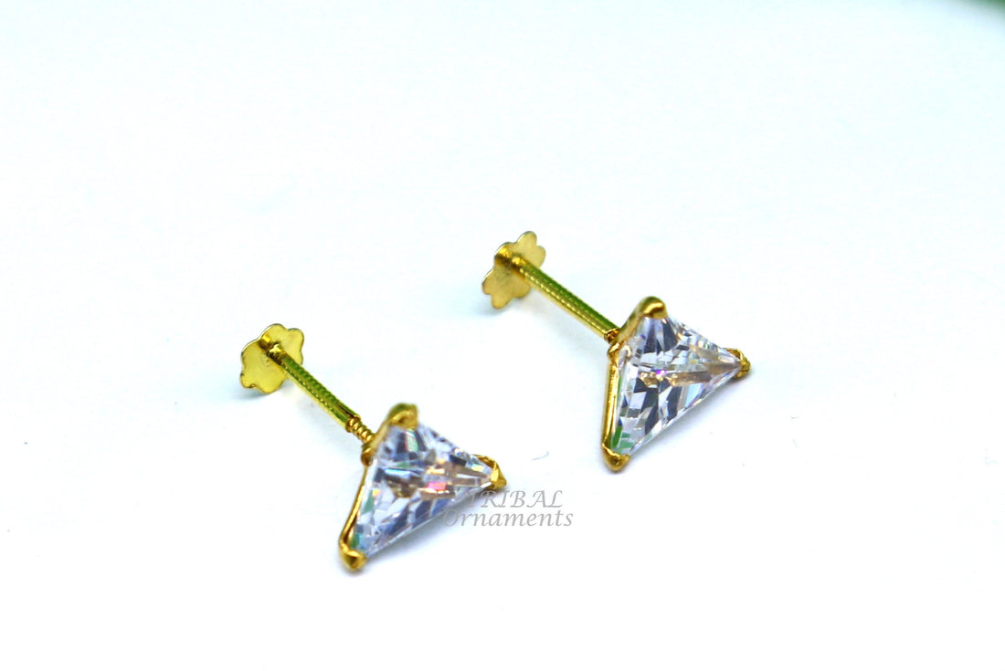 6mm 18kt yellow gold handmade single stone Triangle shape stud earring cartilage earring customized unisex screw back stud jewelry er147 - TRIBAL ORNAMENTS