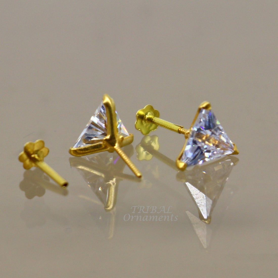 6mm 18kt yellow gold handmade single stone Triangle shape stud earring cartilage earring customized unisex screw back stud jewelry er147 - TRIBAL ORNAMENTS