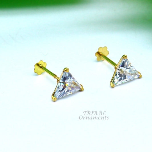 6mm 18kt yellow gold handmade single stone Triangle shape stud earring cartilage earring customized unisex screw back stud jewelry er147 - TRIBAL ORNAMENTS