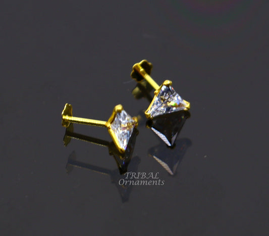 5mm 18kt yellow gold handmade single stone Triangle shape stud earring cartilage earring customized unisex screw back stud jewelry er148 - TRIBAL ORNAMENTS