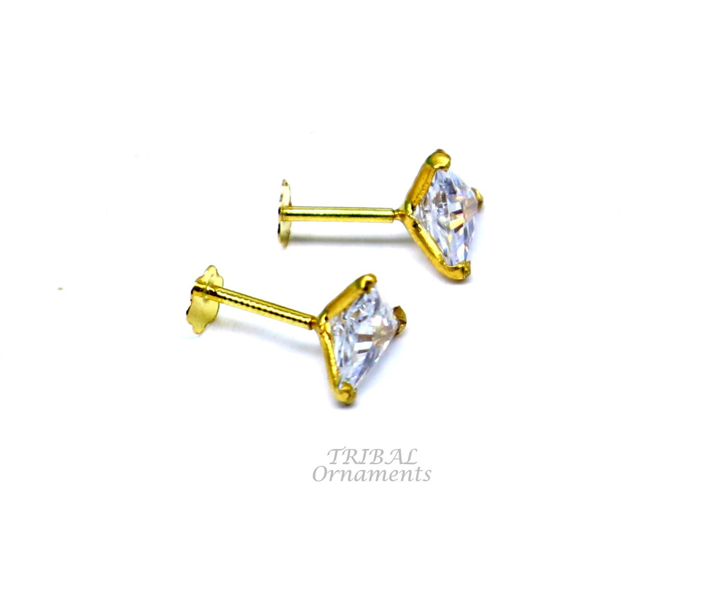 5mm 18kt yellow gold handmade single stone Triangle shape stud earring cartilage earring customized unisex screw back stud jewelry er148 - TRIBAL ORNAMENTS