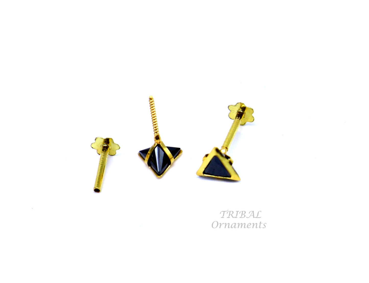 4mm 18kt yellow gold handmade single stone Triangle shape stud earring cartilage earring customized unisex screw back stud jewelry er150 - TRIBAL ORNAMENTS