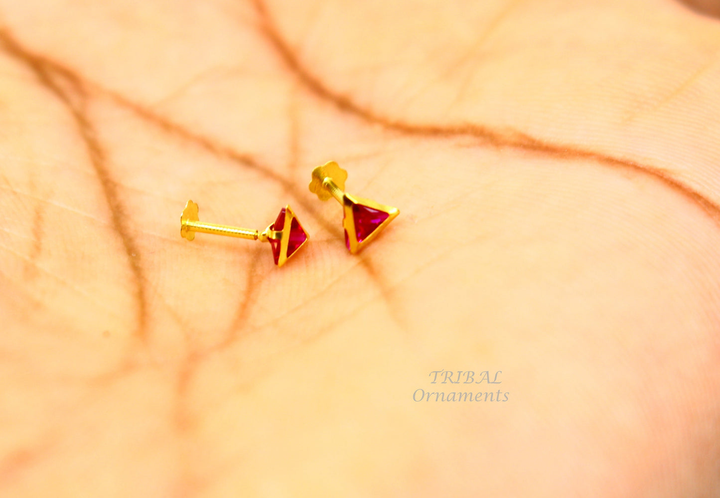 4mm 18kt yellow gold handmade single red stone Triangle shape stud earring cartilage earring customized unisex screw back jewelry er152 - TRIBAL ORNAMENTS