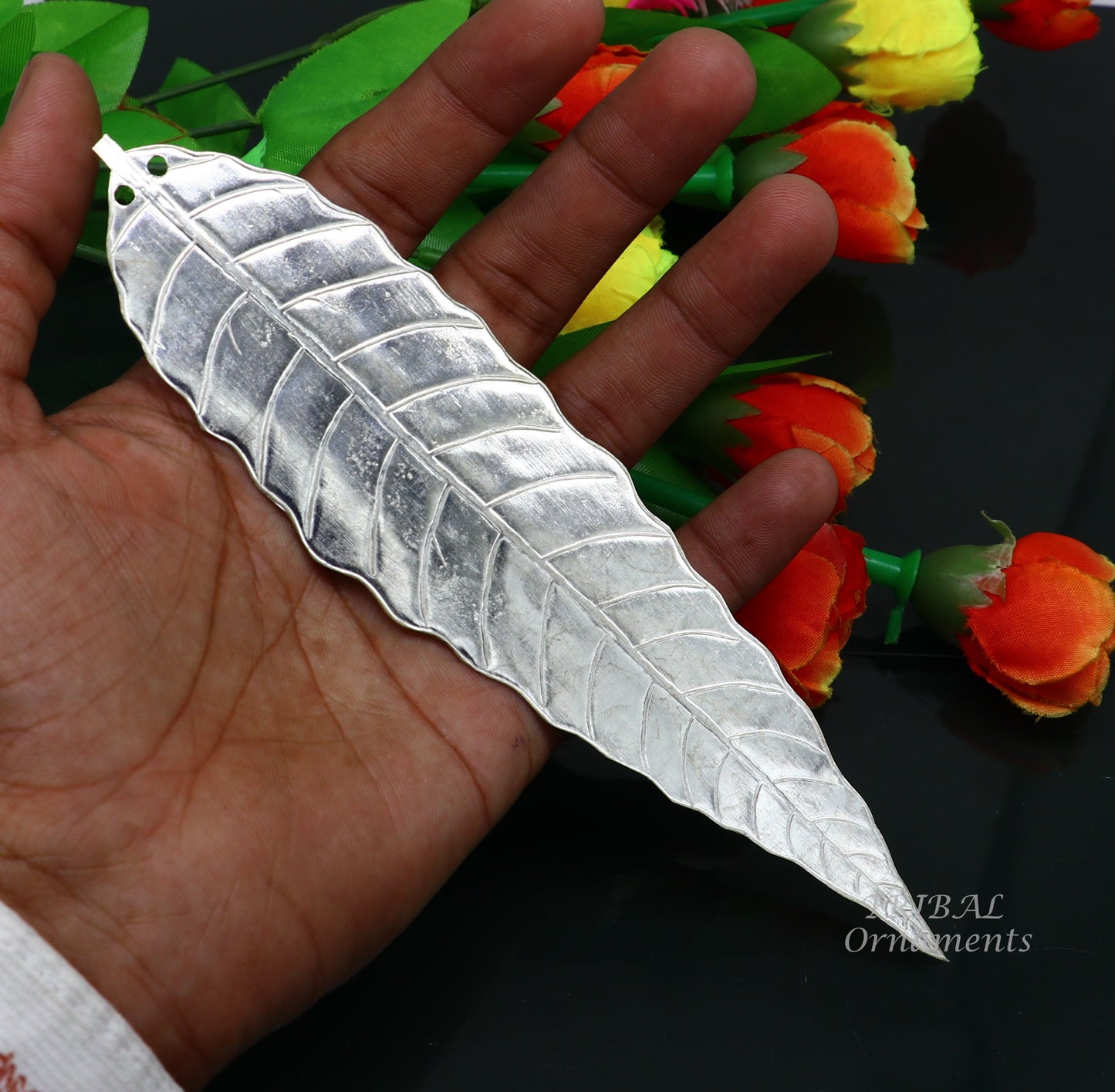 7" Silver mango tree leaf Amazing puja worshipping article solid sterling silver diwali puja articles, silver utensils from india su837 - TRIBAL ORNAMENTS