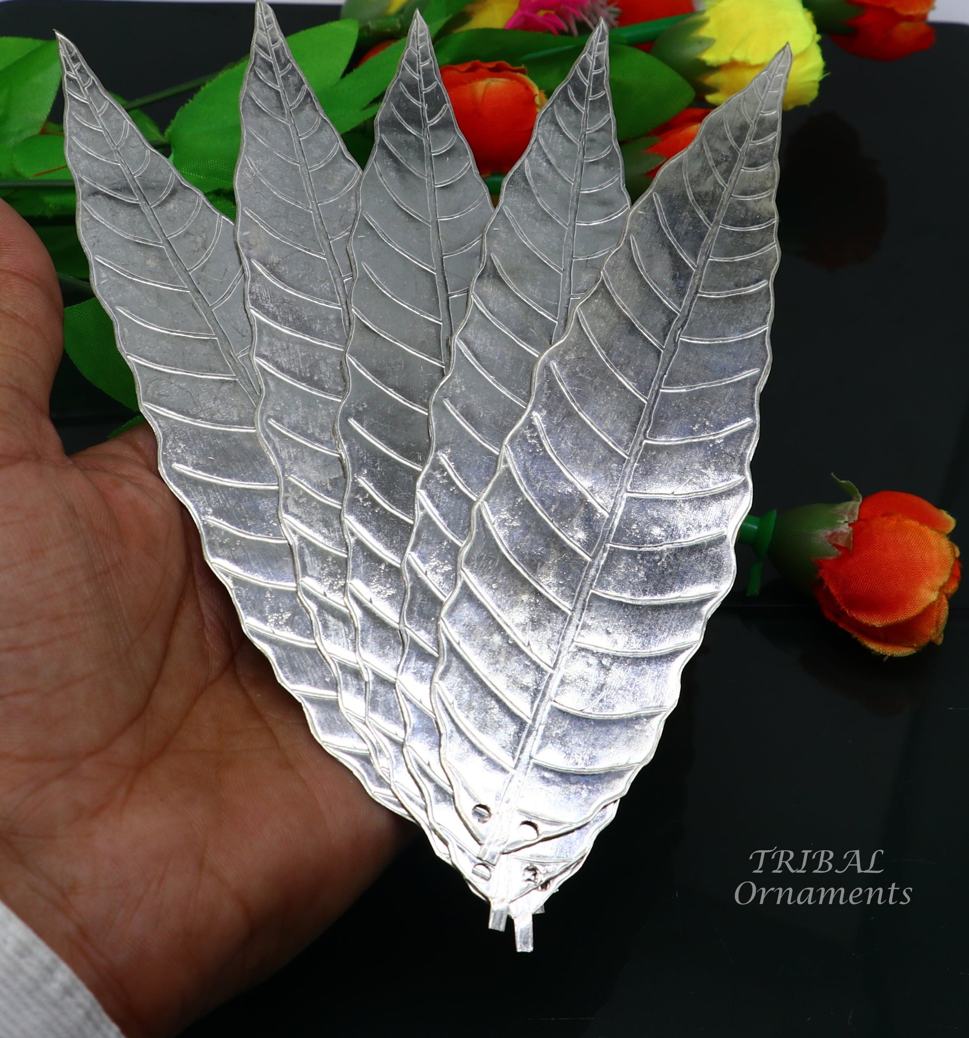 7" Silver mango tree leaf Amazing puja worshipping article solid sterling silver diwali puja articles, silver utensils from india su837 - TRIBAL ORNAMENTS