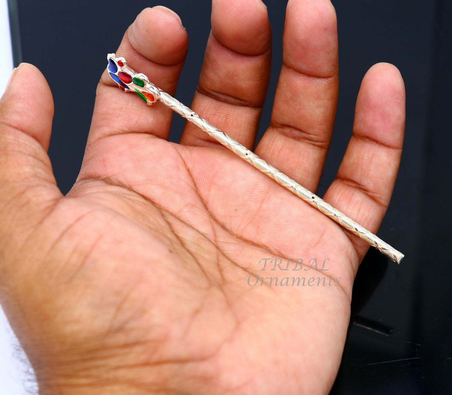 11cm sterling silver handmade idol baby Krishna small tiny flute, silver bansuri, laddu gopala flute, little krishna flute puja art su813 - TRIBAL ORNAMENTS