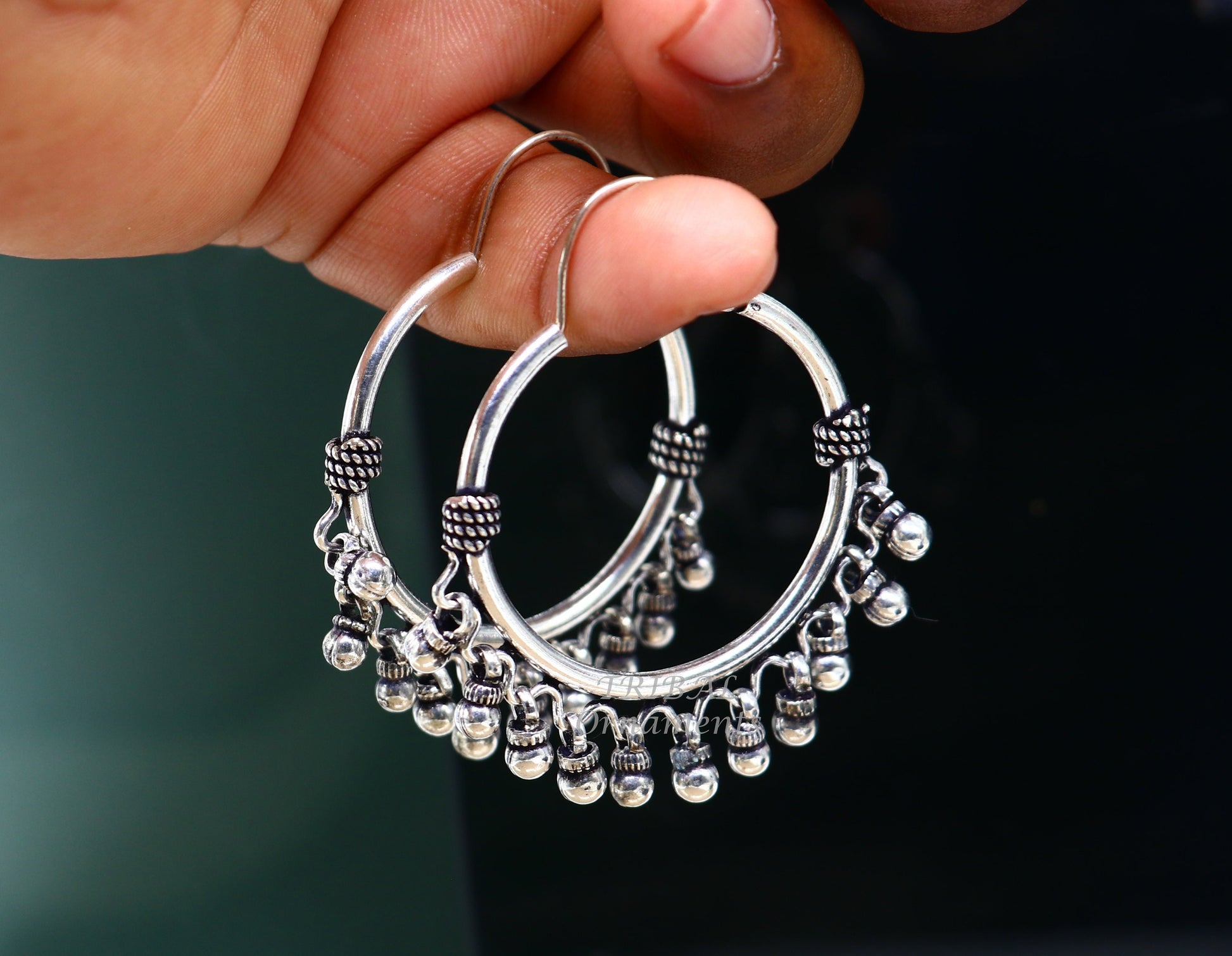 925 sterling silver handmade hoop earring, fabulous Bali, hanging bells, hook, hoop gifting gorgeous tribal customized jewelry s1037 - TRIBAL ORNAMENTS