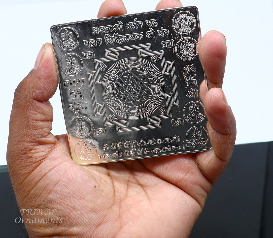 925 sterling silver handmade Shree Ashthlakshmi Yantra, Shri laxmi yantra for wealth and prosperity, best puja article gifting su849 - TRIBAL ORNAMENTS