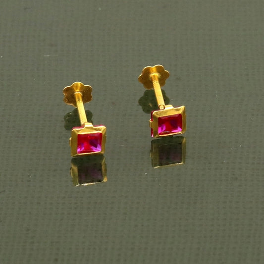 3MM/3.5/4mm single red stone 18kt yellow gold handmade square shape fabulous screw back stud earring or nose in unisex jewelry er122 - TRIBAL ORNAMENTS
