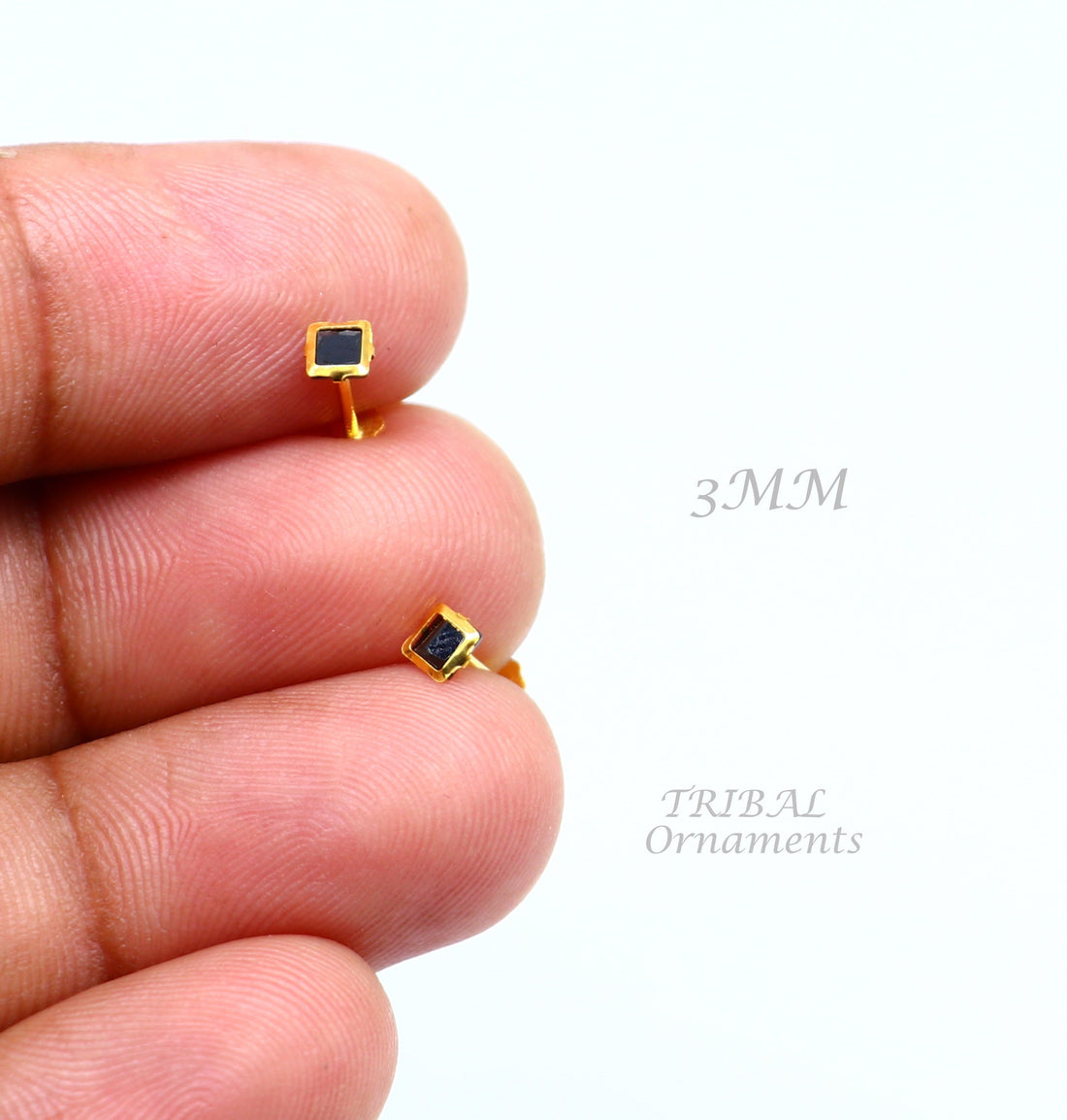 3MM/3.5MM/4MM 18kt yellow gold handmade black stone stud earring, excellent light weight daily use customized gifting unisex jewelry er158 - TRIBAL ORNAMENTS