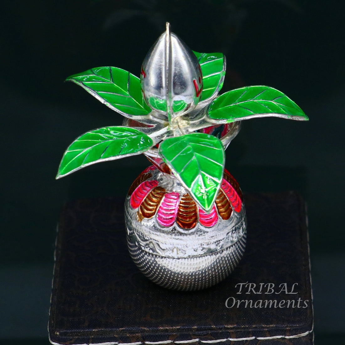 Gorgeous Sterling silver handmade vintage design puja kalash with silver coconuts and leaf, excellent home temple article worshipping su818 - TRIBAL ORNAMENTS