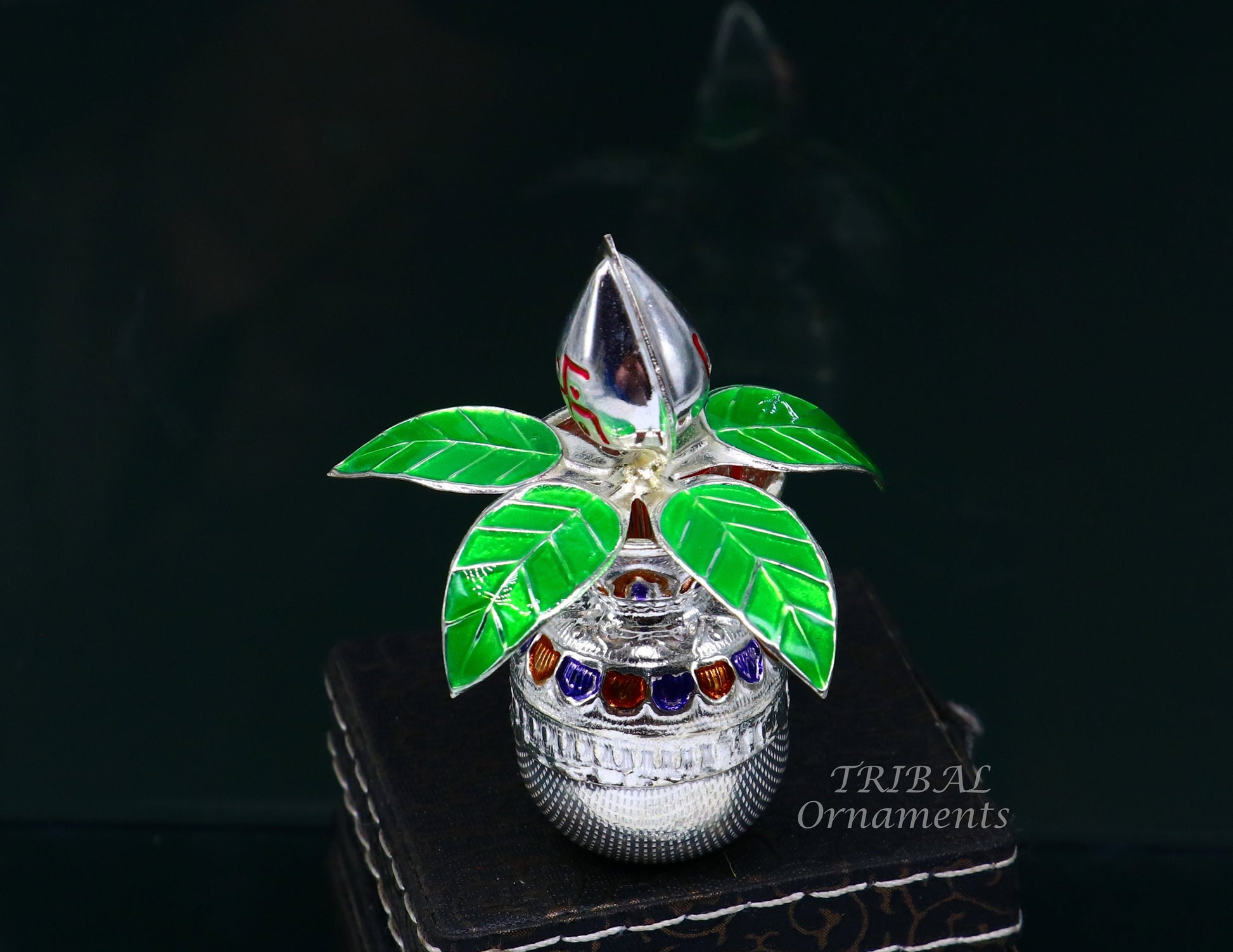 Gorgeous Sterling silver handmade vintage design puja kalash with silver coconuts and leaf, excellent home temple article worshipping su820 - TRIBAL ORNAMENTS