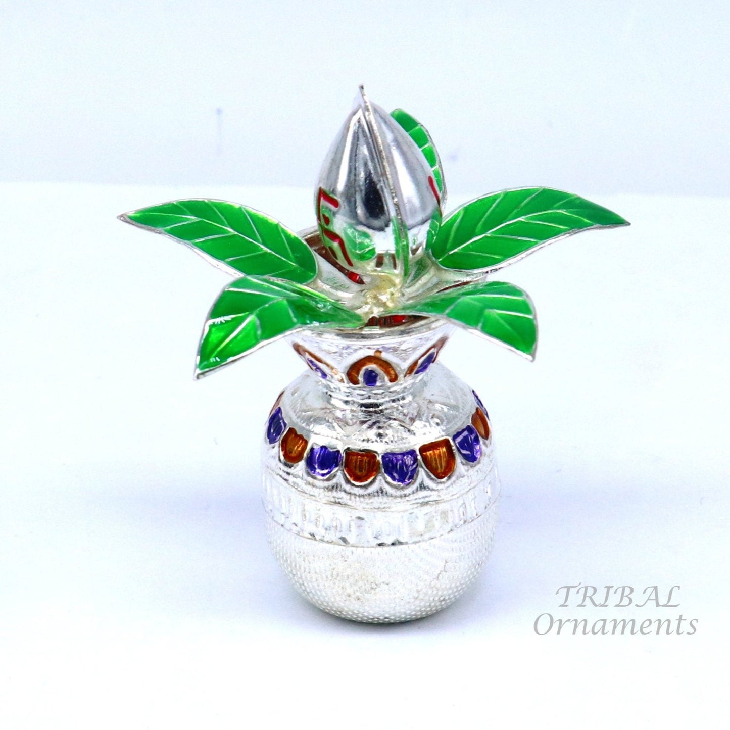 Gorgeous Sterling silver handmade vintage design puja kalash with silver coconuts and leaf, excellent home temple article worshipping su820 - TRIBAL ORNAMENTS