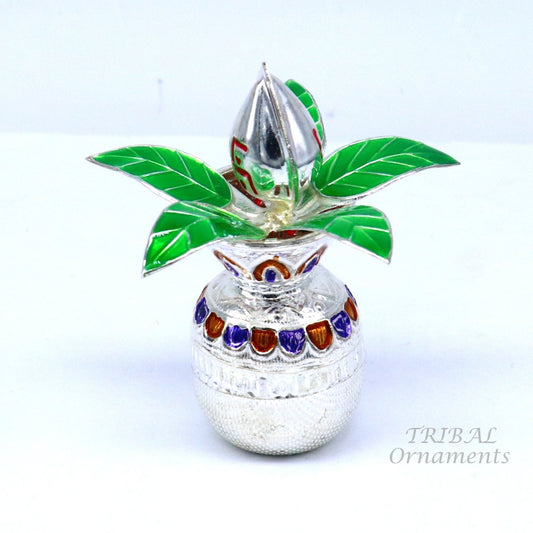 Gorgeous Sterling silver handmade vintage design puja kalash with silver coconuts and leaf, excellent home temple article worshipping su820 - TRIBAL ORNAMENTS