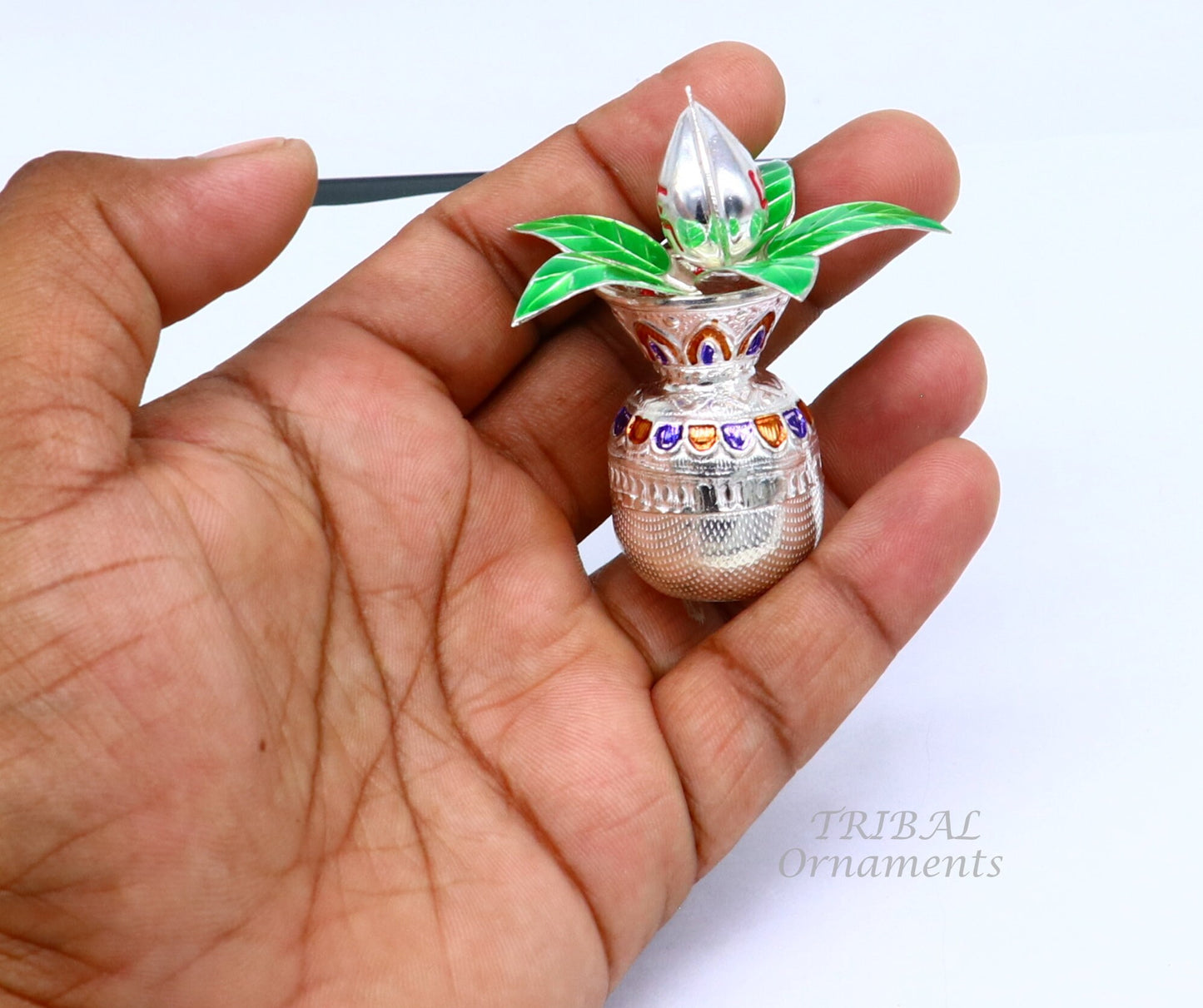 Gorgeous Sterling silver handmade vintage design puja kalash with silver coconuts and leaf, excellent home temple article worshipping su820 - TRIBAL ORNAMENTS