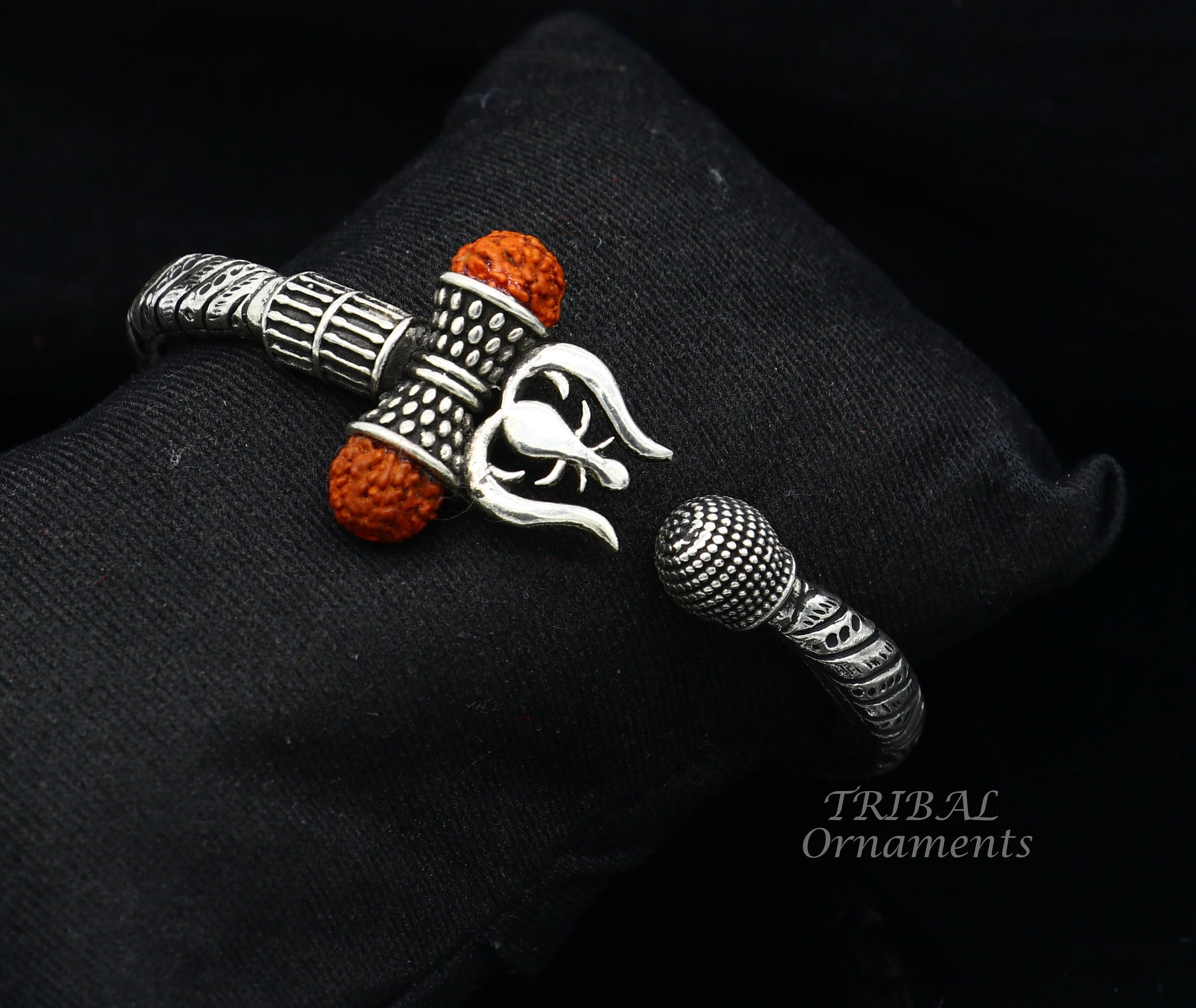 925 Sterling silver handmade chitai work Lord Shiva trident trishul kada bangle bracelet with natural Rudraksha customized kada nsk514 - TRIBAL ORNAMENTS