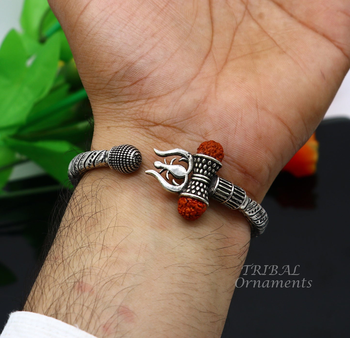 925 Sterling silver handmade chitai work Lord Shiva trident trishul kada bangle bracelet with natural Rudraksha customized kada nsk514 - TRIBAL ORNAMENTS