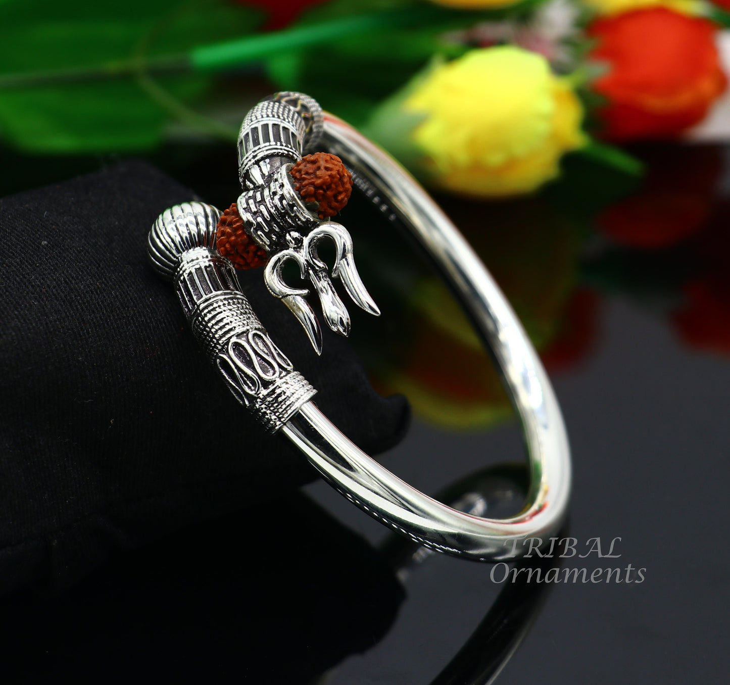 925 Sterling silver handmade plain shiny Lord Shiva trident trishul kada bangle bracelet with natural Rudraksha customized kada nsk516 - TRIBAL ORNAMENTS