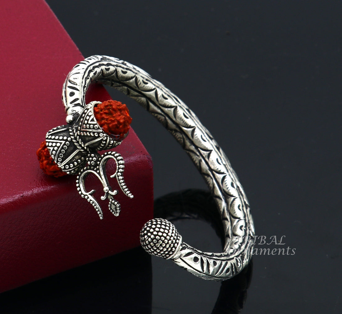 925 Sterling silver handmade chitai work Lord Shiva trident trishul kada bangle bracelet with natural Rudraksha customized kada NSK517 - TRIBAL ORNAMENTS