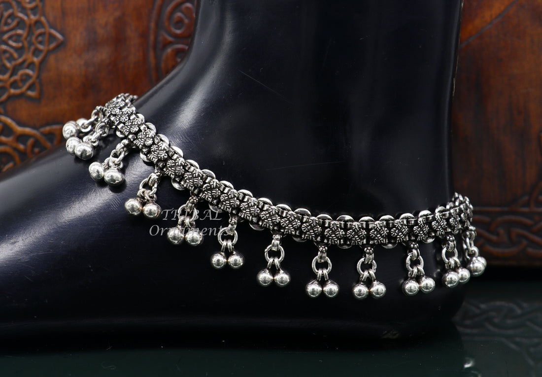 Exclusive 925 solid silver anklets feet bracelet gorgeous hanging waved beaded tribal wedding belly dance ethnic jewelry ank481 - TRIBAL ORNAMENTS