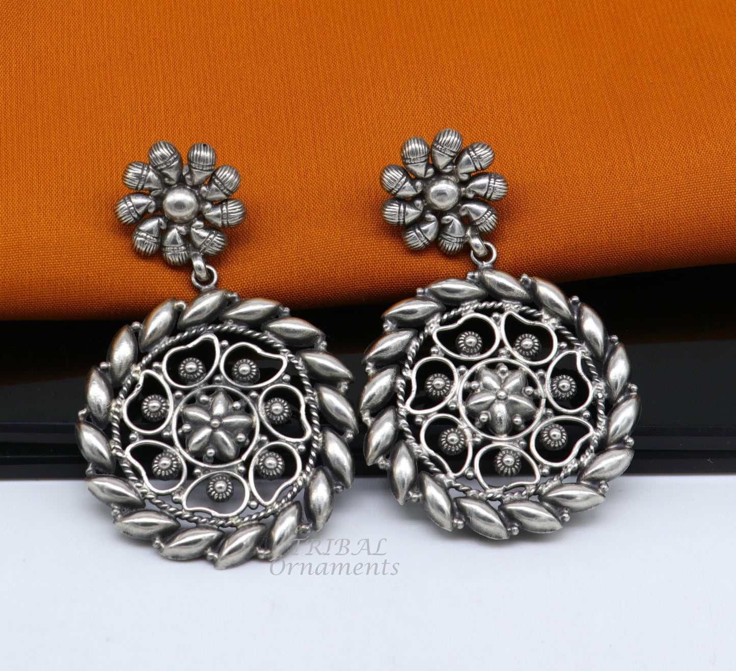 925 Sterling silver handmade flower design stud earrings, excellent customized penalized ethnic Garba dance girls jewelry gifting s1053 - TRIBAL ORNAMENTS