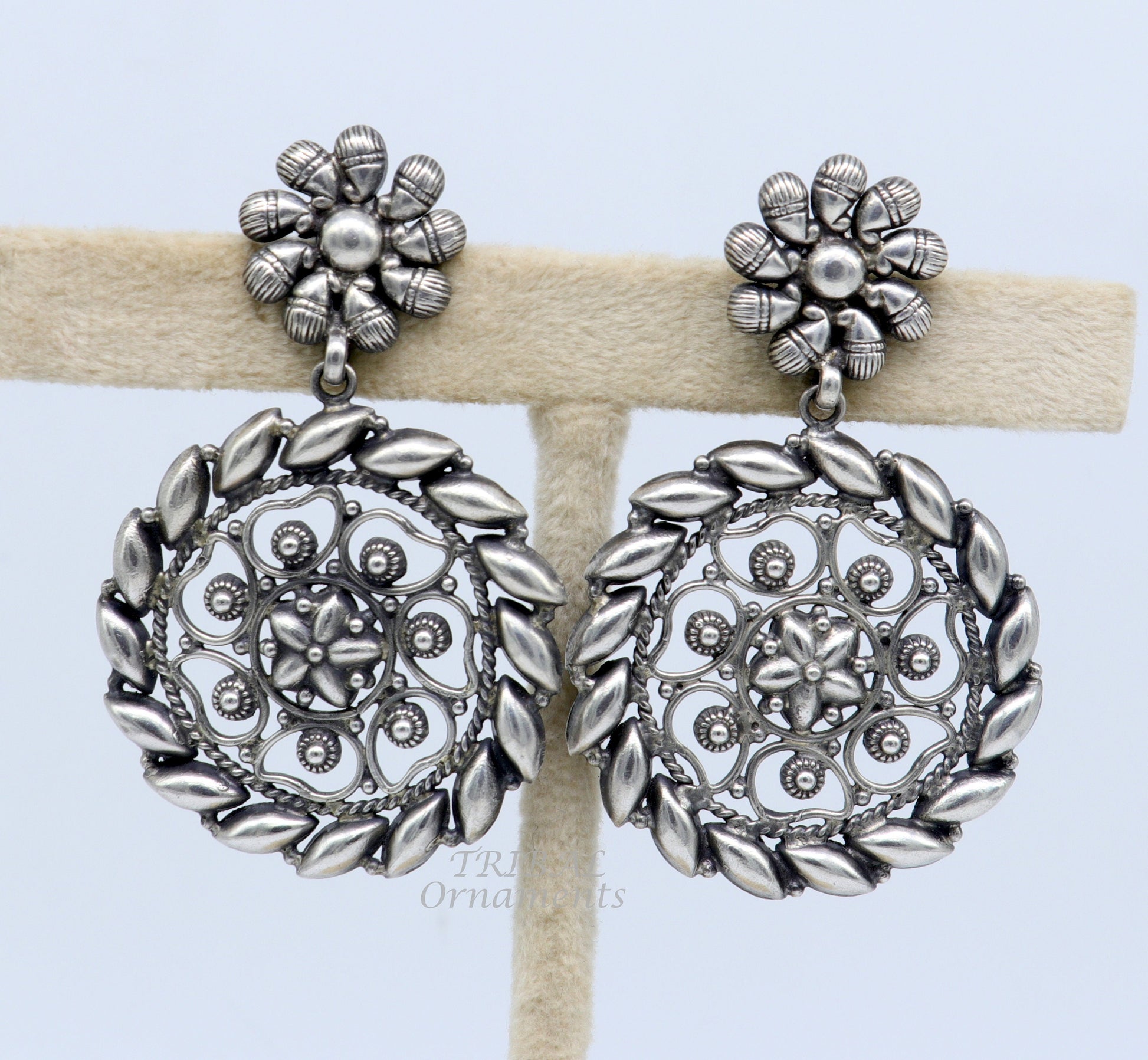 925 Sterling silver handmade flower design stud earrings, excellent customized penalized ethnic Garba dance girls jewelry gifting s1053 - TRIBAL ORNAMENTS