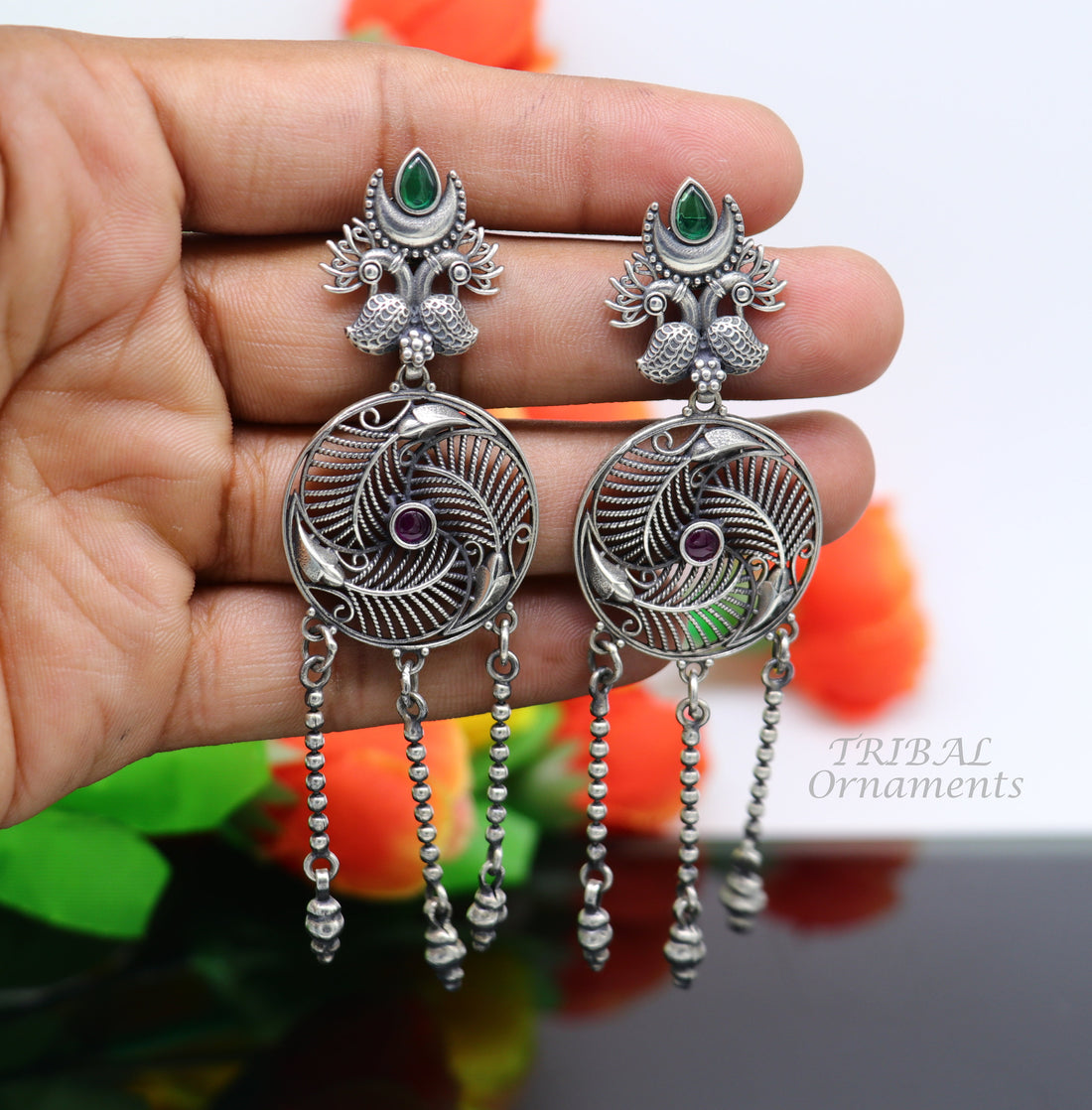 925 Sterling silver handmade charm peacock stud earring, excellent customized hangings brides girls wedding jewelry gifting s1057 - TRIBAL ORNAMENTS