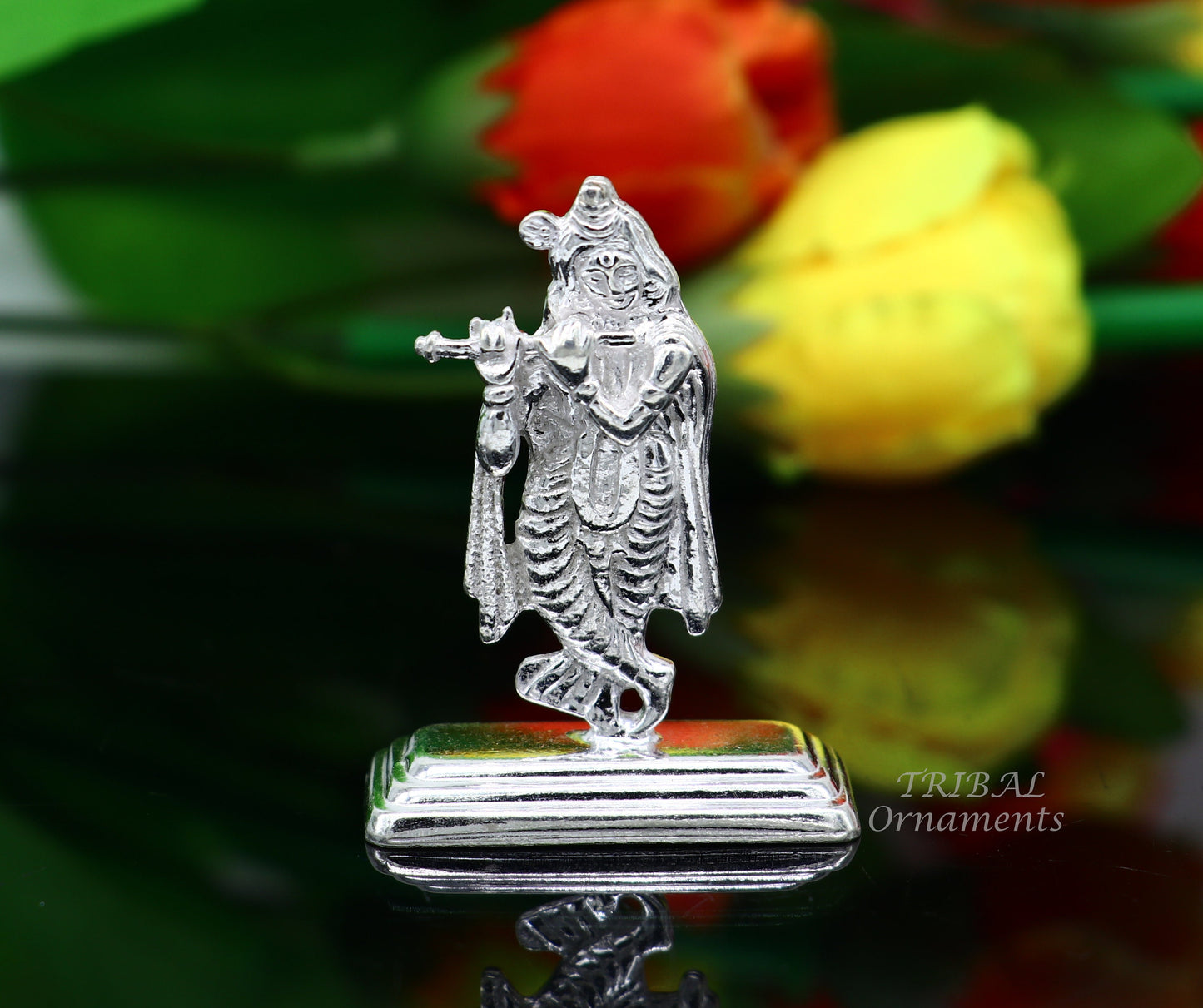 Sterling silver handmade antique design Idols Lord Krishna with flute standing Statue figurine, puja articles decorative gift art555 - TRIBAL ORNAMENTS