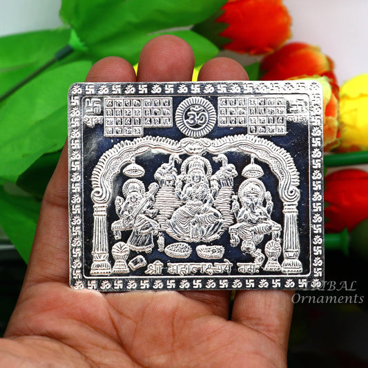 925 sterling silver handmade Shree Mahalakshmi frame with Ganesha and Sarashwati  silver holy divine article for wealth and prosperit su828 - TRIBAL ORNAMENTS