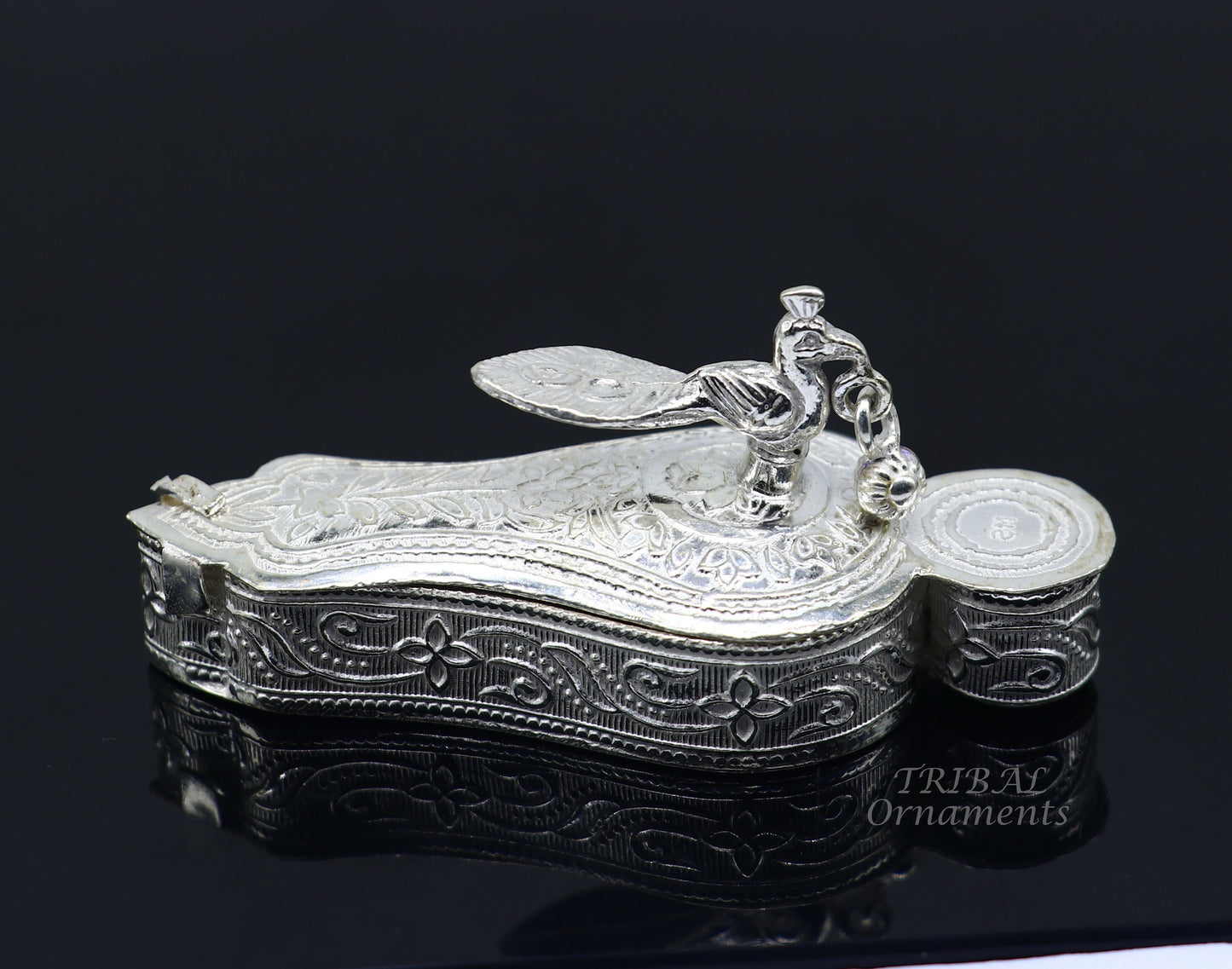 925 sterling silver handmade fabulous unique peacock design trinket box, brides gift, casket box silver article, silver sindur box stb376 - TRIBAL ORNAMENTS