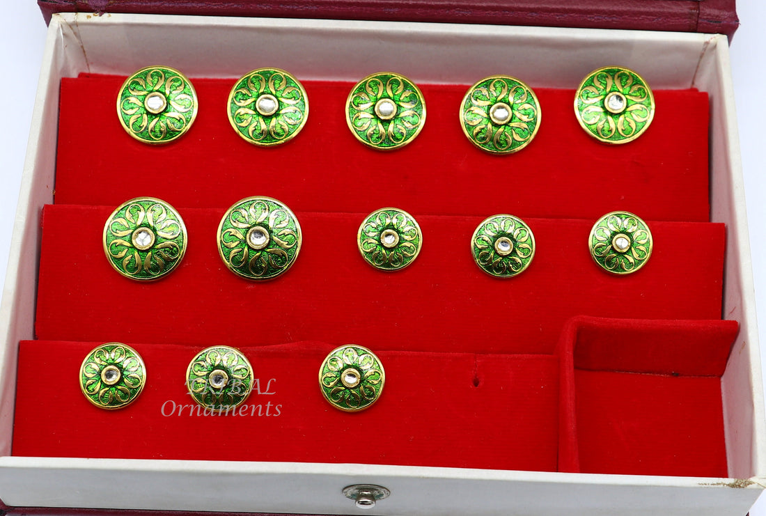 Green color enamel 925 Sterling silver handcrafted design buttons set of 13 pc for men's coat or suit, best jewelry for all occasions btn24 - TRIBAL ORNAMENTS