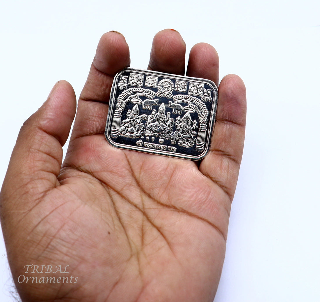 5 x 4 cm 925 sterling silver handmade Shree lakshmi frame Ganesha and Sarashwati  silver holy divine article for wealth and prosperity su846 - TRIBAL ORNAMENTS