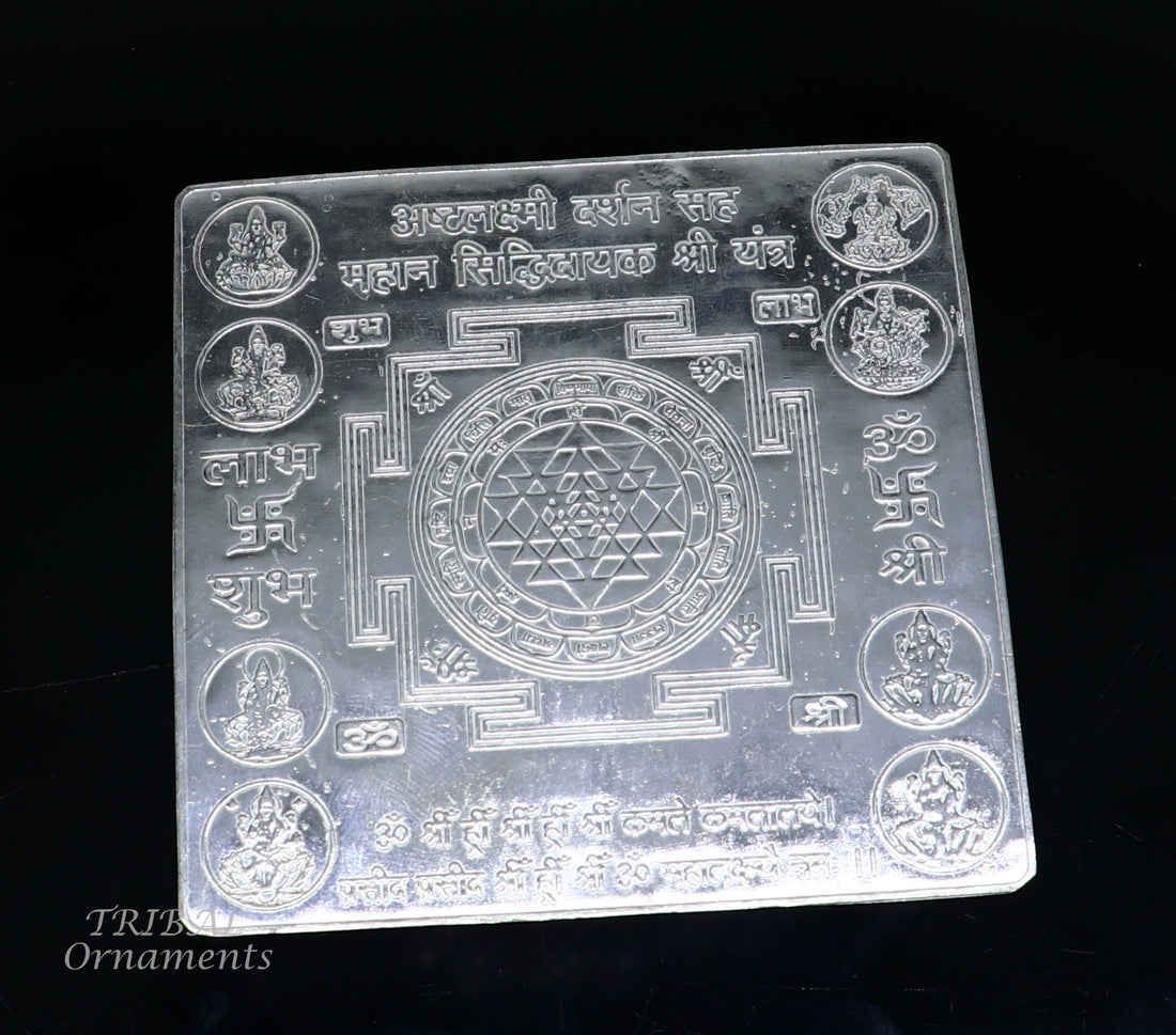 925 sterling silver handmade Shree Ashthlakshmi Yantra, Shri laxmi yantra for wealth and prosperity, best puja article gifting su849 - TRIBAL ORNAMENTS