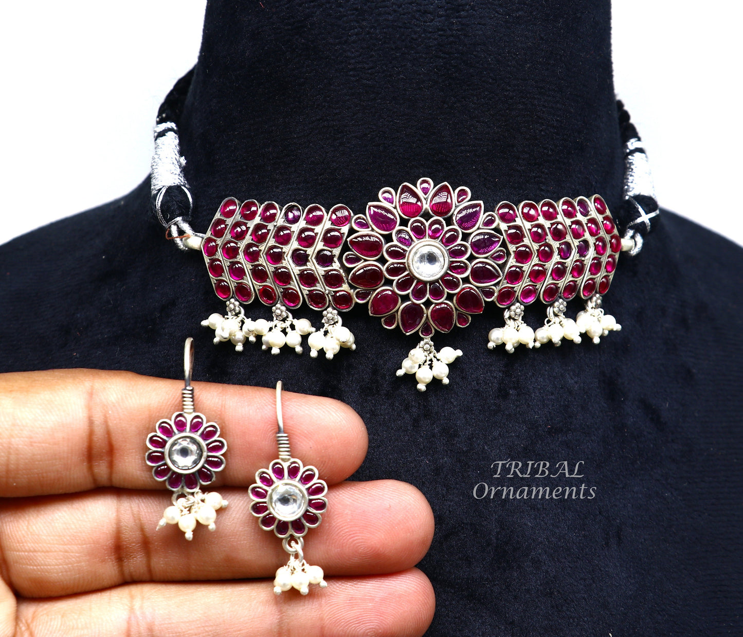 925 sterling silver handmade new fancy stylish red stone luxury necklace choker, best belly dance Guttapusalu necklace jewelry set466 - TRIBAL ORNAMENTS