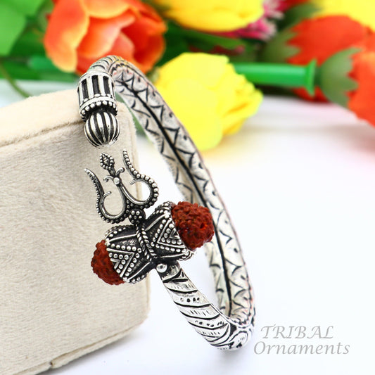 925 Sterling silver handmade chitai work Lord Shiva trident trishul kada bangle bracelet with natural Rudraksha customized kada nsk513 - TRIBAL ORNAMENTS