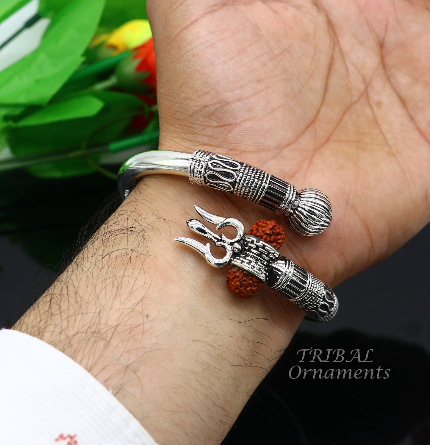 925 Sterling silver handmade plain shiny Lord Shiva trident trishul kada bangle bracelet with natural Rudraksha customized kada nsk516 - TRIBAL ORNAMENTS