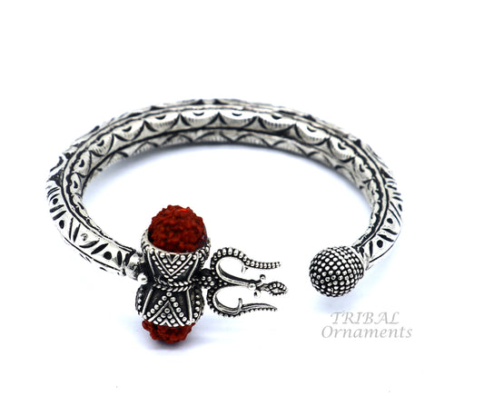 925 Sterling silver handmade chitai work Lord Shiva trident trishul kada bangle bracelet with natural Rudraksha customized kada NSK517 - TRIBAL ORNAMENTS